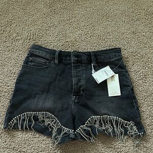 Good American Black Denim Shorts with Beaded Fringe
